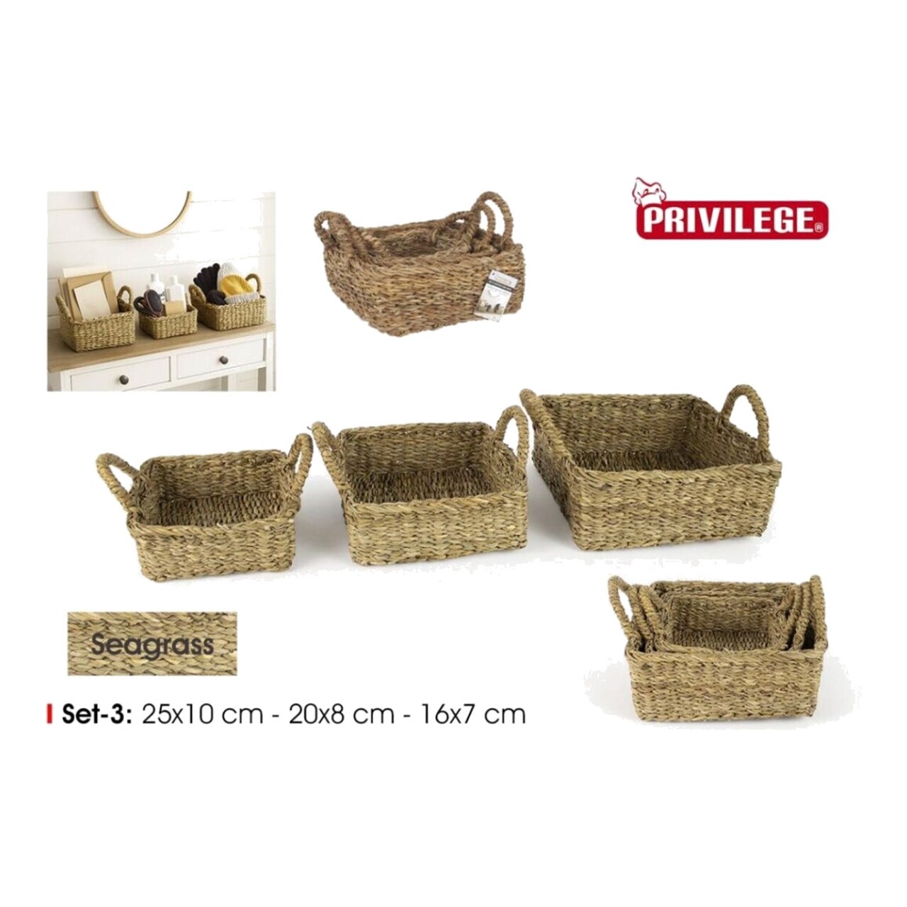 Set De 3 Cestas Cuadradas Con Asas Privilege-25-20-16Cm 328296