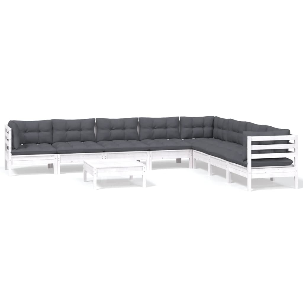 vidaXL Muebles de jardín 9 pzas y cojines blanco madera maciza de pino