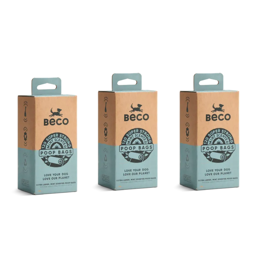 Beco – 360 Bolsas Ecológicas para Caca de Perro, 3 Packs (8 Rollos x 15 Bolsas) 100% Recicladas con Aroma a Menta, Resistentes y a Prueba de Fugas, Aptas para Dispensador Estándar