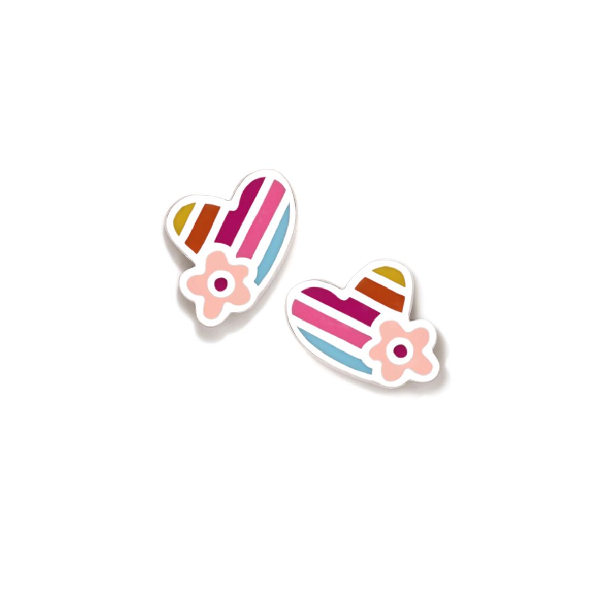 Pendientes Niña con Flor Rosa y Corazón Arcoíris en plata de primera ley de Agatha Ruiz de la Prada