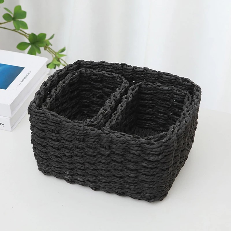 TK Cesta De Almacenamiento Redonda Hecha a Mano Con Paja Tejida Suave 3 Piezas Para Organizar Bricos Decorativos Caja De Almacenamiento Para Escritorio