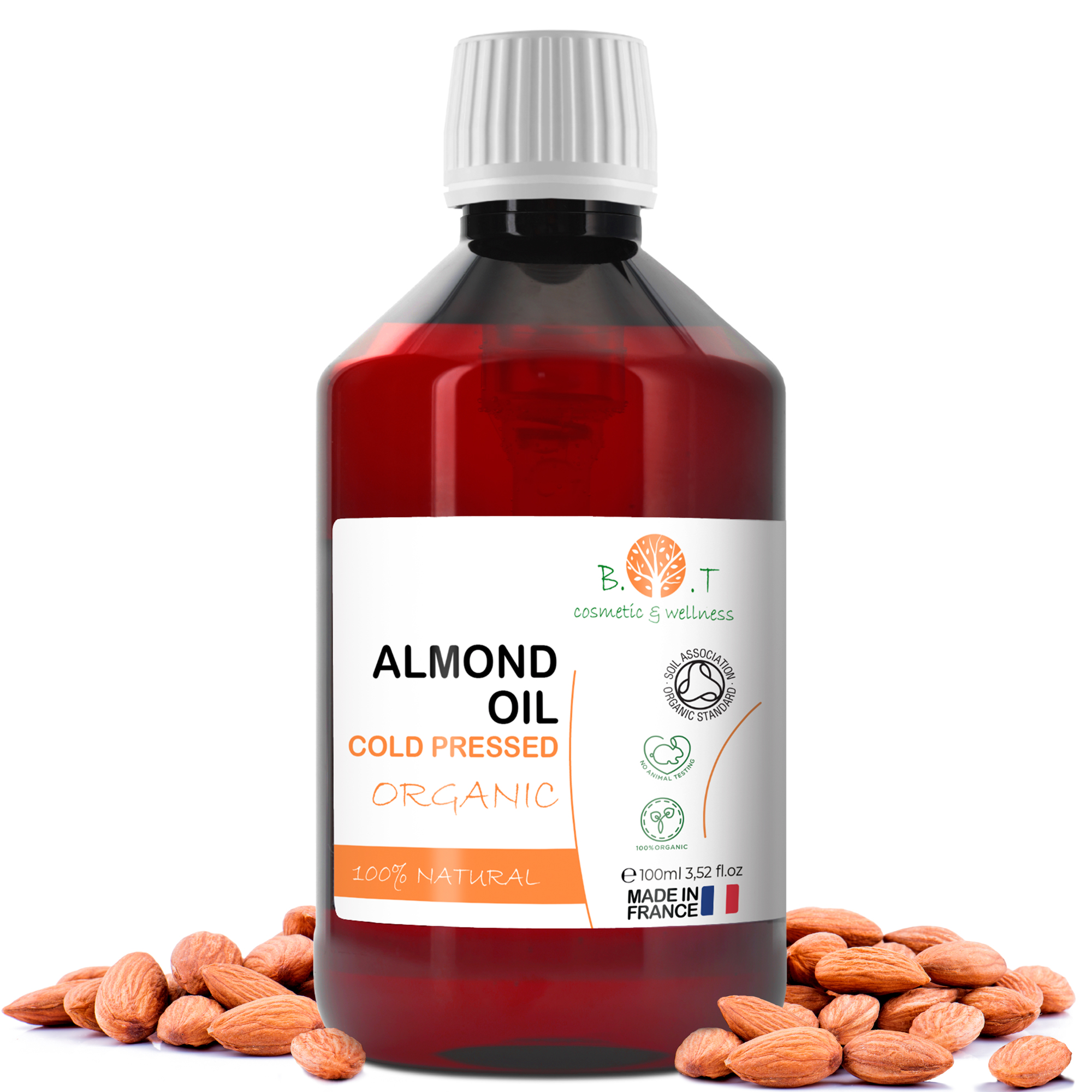 B.O.T Cosmetics & Wellness - Aceite de Almendras Orgánico Prensado en Frío | Puro y Natural | Aceite de Masaje Profesional para Cuerpo, Rostro y Cabello