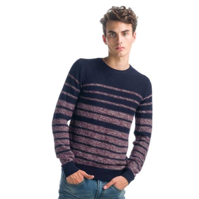 Koroshi - Jersey de punto rayas horizontales jaspeadas para hombre, 100% algodón, cuello redondo y acabados en rib, estilo casual con granate, naranja y navy