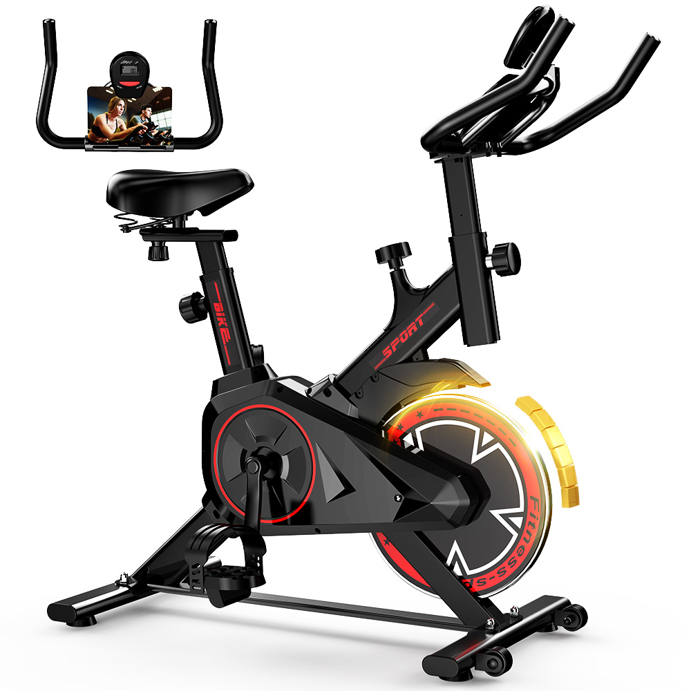 Bicicleta estática QK101 bicicleta de spinning con carga máxima de 120 kg, soporte para iPad y pantalla LCD, transmisión por correa silenciosa