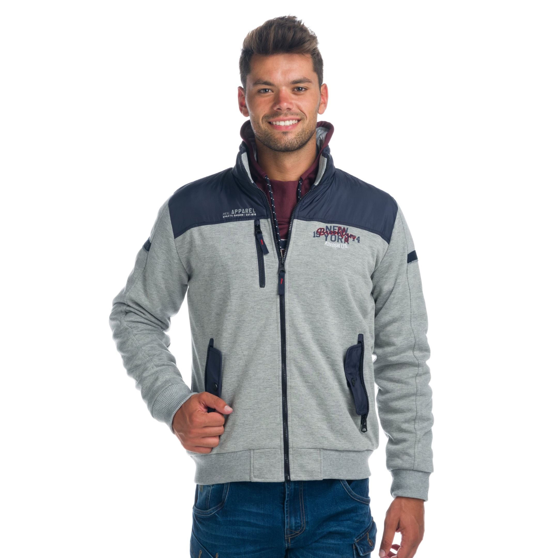 Koroshi - Chaqueta hombre cuello alto con forro borreguito, paneles contraste gris y ocre, estilo deportivo casual para frío