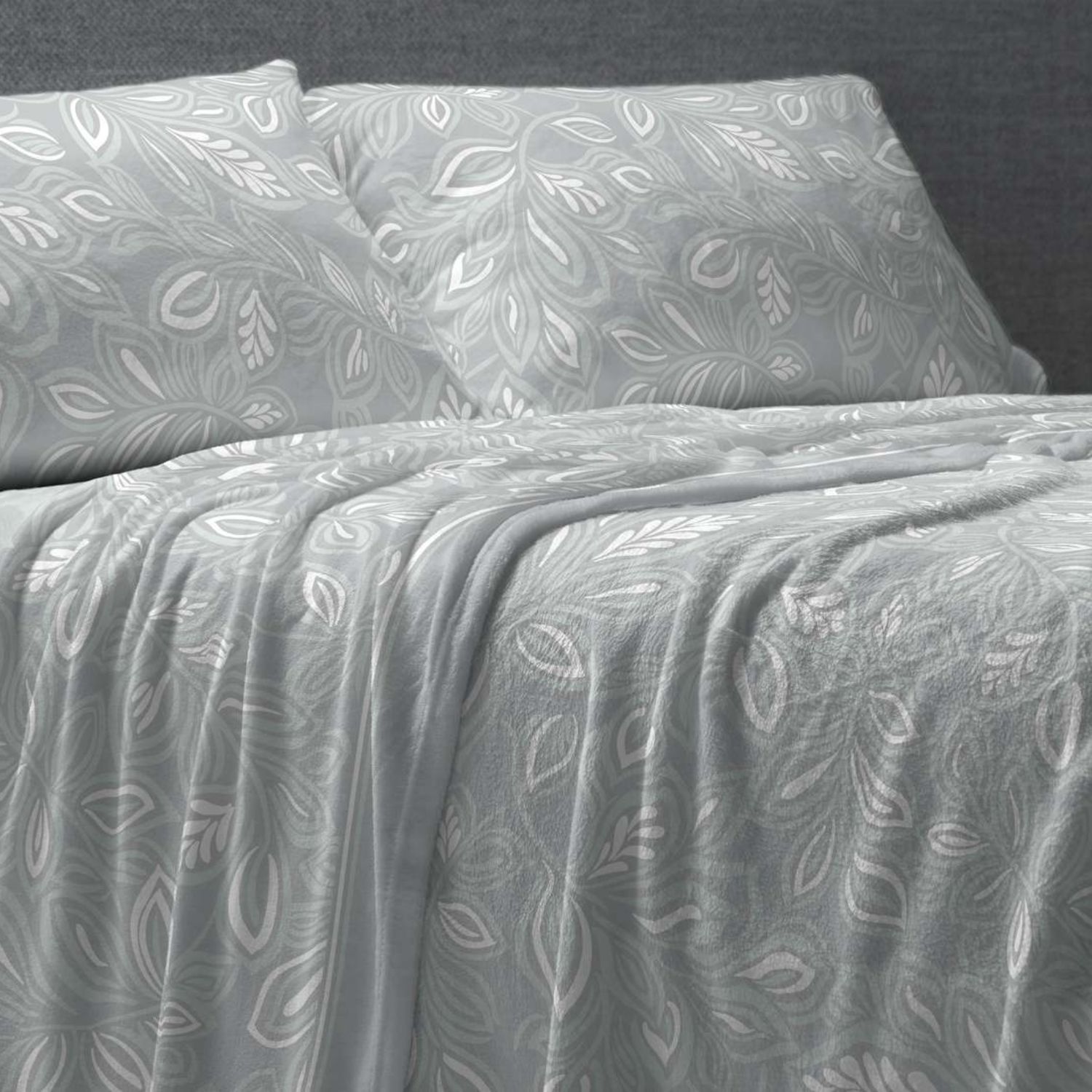 Juego Sábanas BURRITO BLANCO Tejido Nacarina Diseño Hojas Ornamental Azul Acero - Tacto Suave, Gran Calidez - Cama 90-150cm