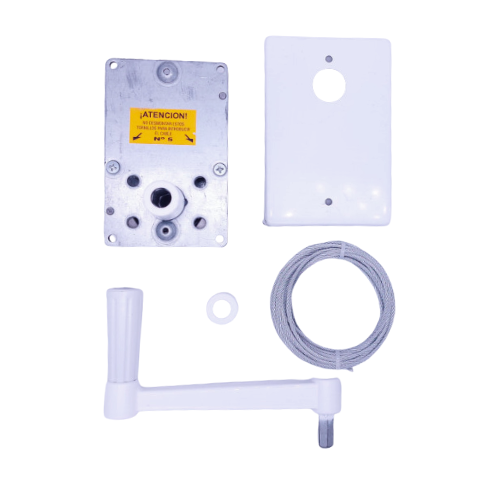 Mecanismo Gaviota de Torno con Manivela para Persianas, Cable de Acero 6m, Placa Inoxidable y Tapa de Eje Blanca
