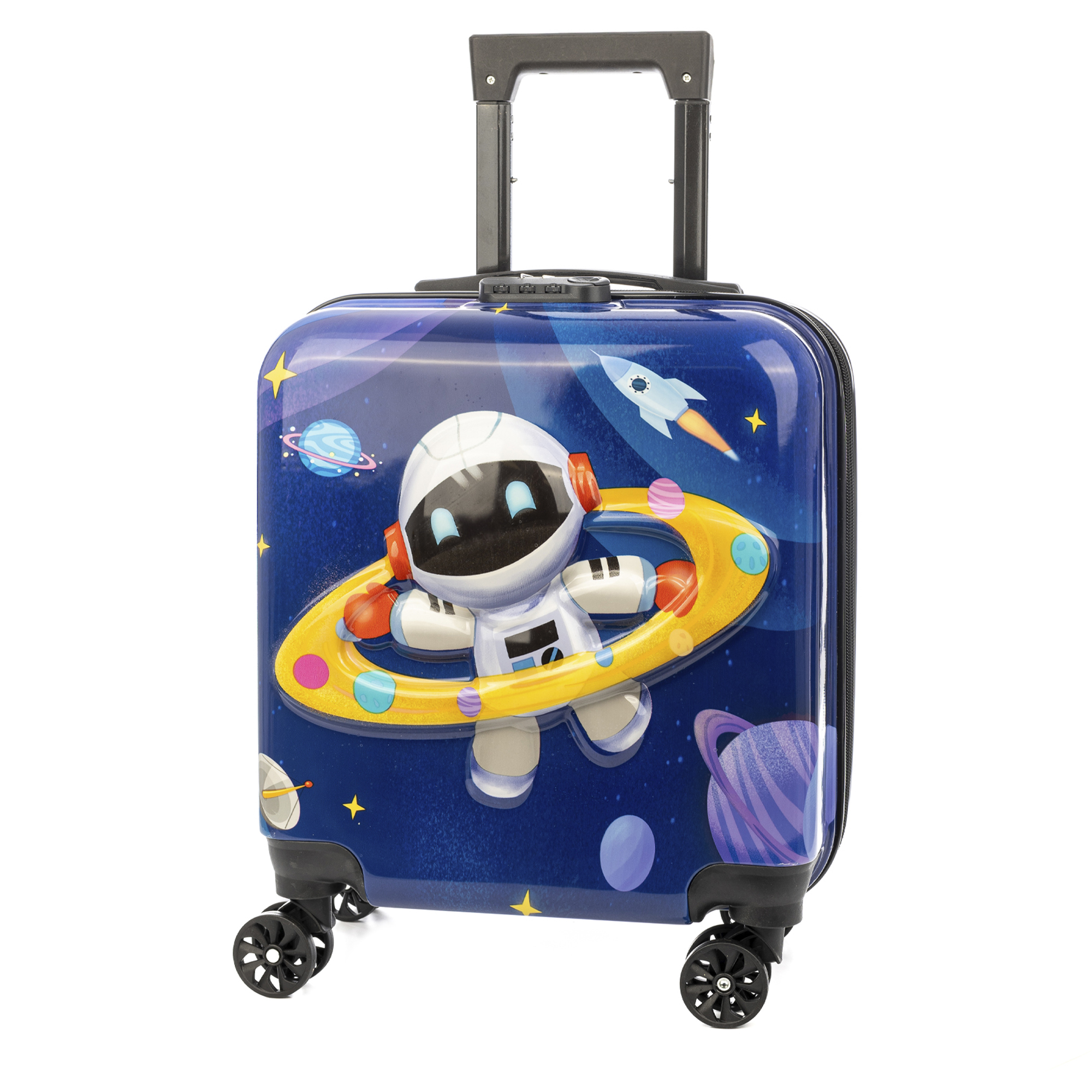 DAM. Maleta trolley infantil en material ligero de ABS de alta resistencia. Cerradura numérica, 4 ruedas dobles giratorias 360°. Diseño de Astronauta. 35x23x45 cm. 35x23x45cm.