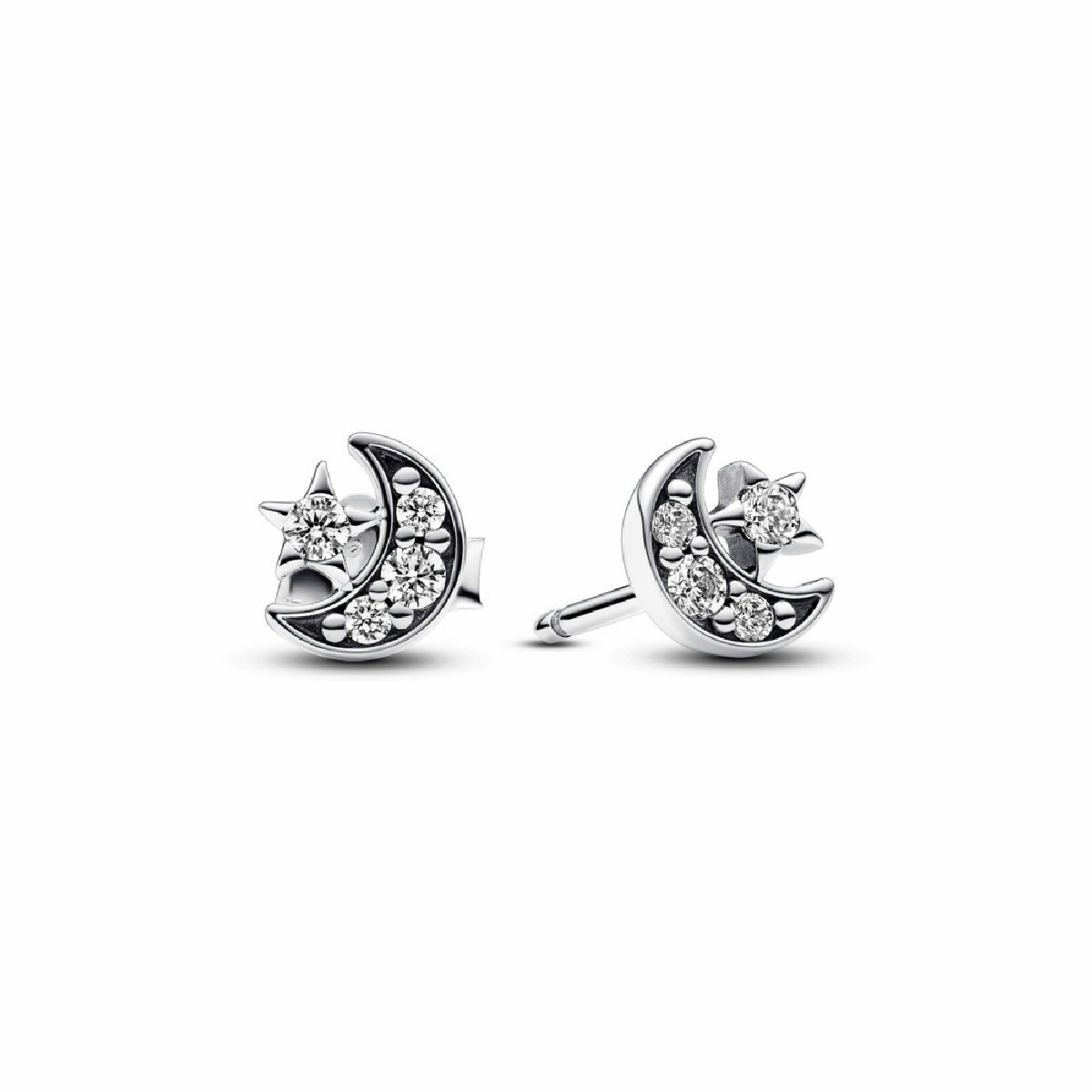 Pendientes Pandora de Botón Luna y Estrellas Brillantes