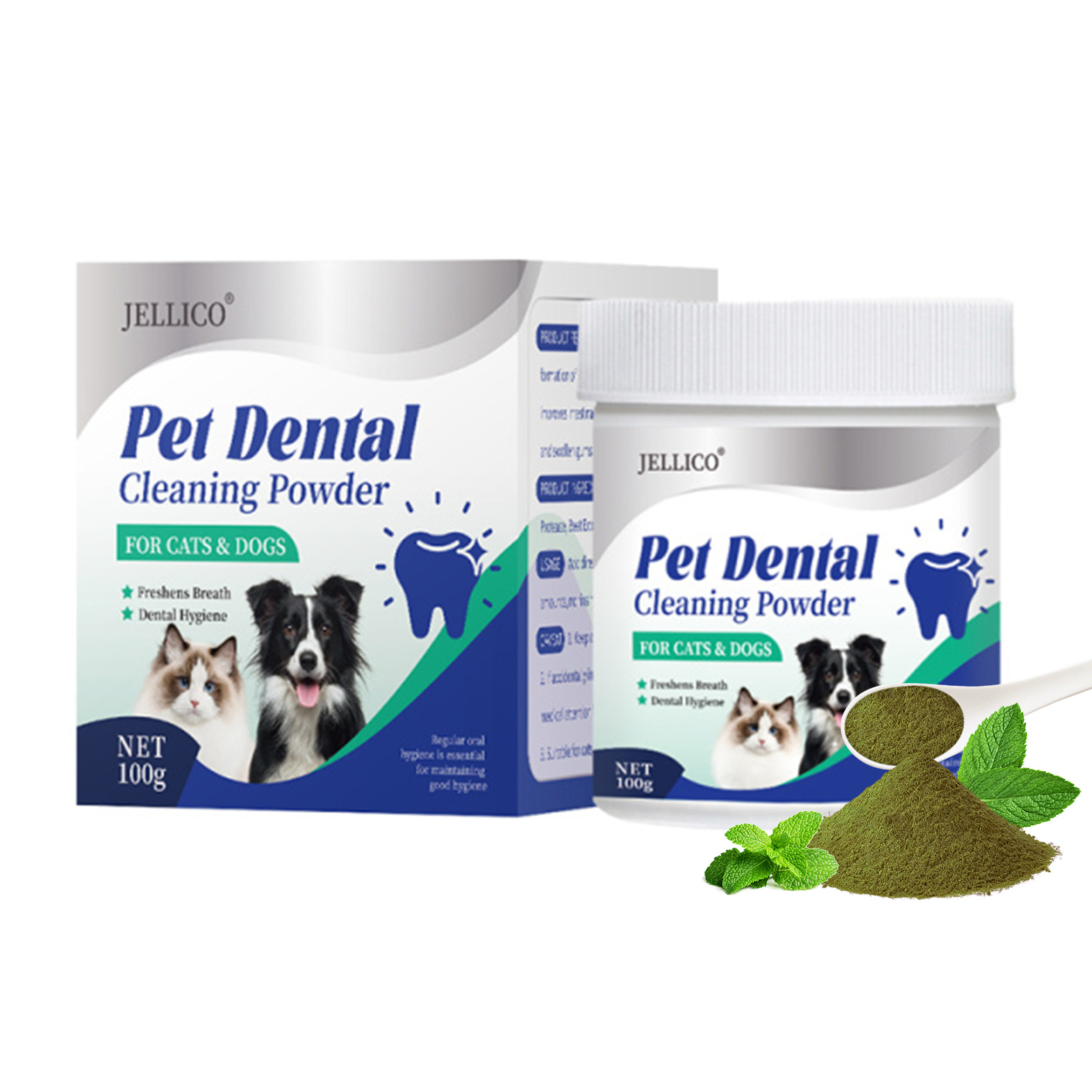 Polvo dental para perros con té verde – Limpieza dental y frescura del aliento, polvo dental para mascotas