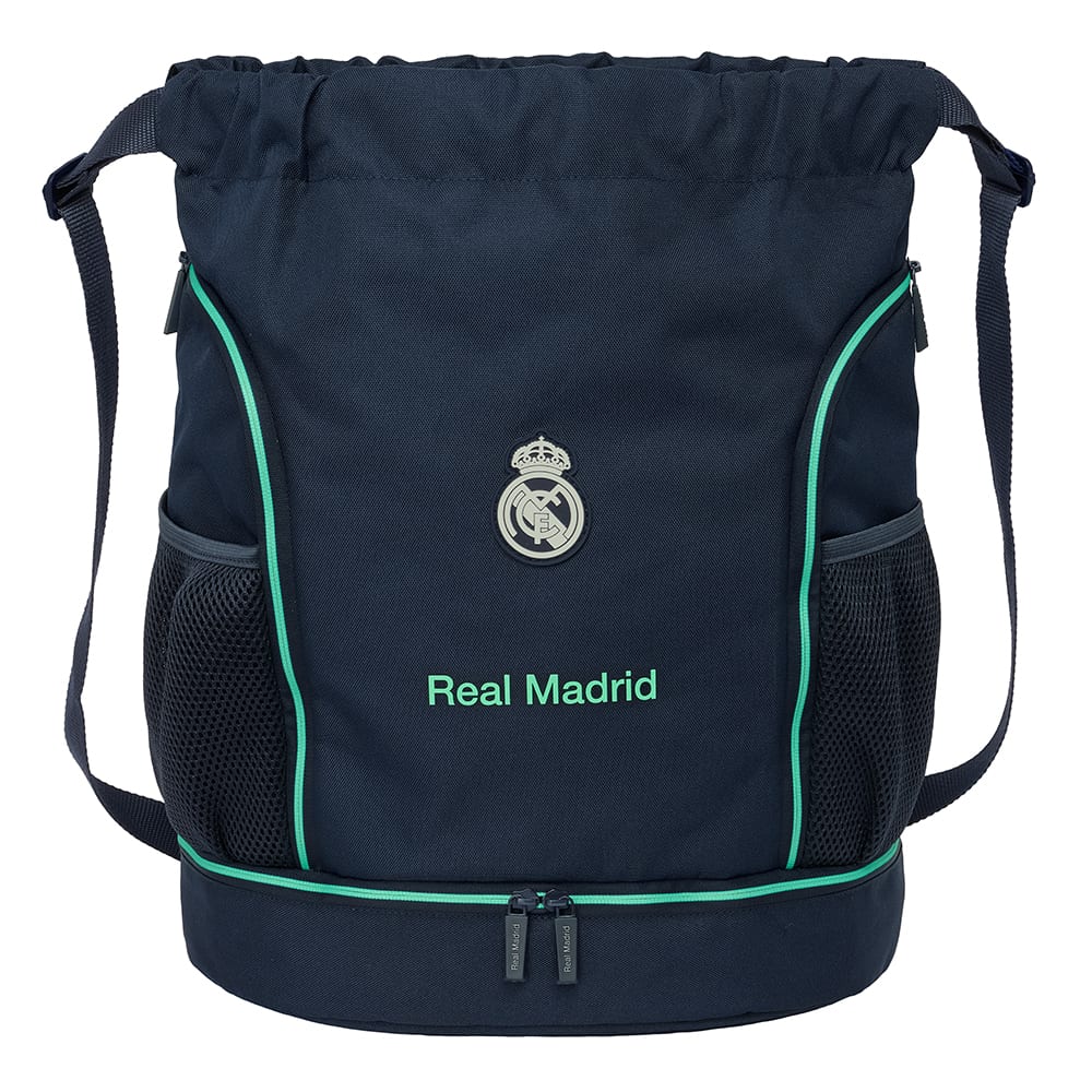 SAFTA | Saco Mochila Deportivo Real Madrid 2ª Equipación 25/26 35 x 40 x 1 Cm (1,4 Litros), Escolar Juvenil con Compartimento Inferior y Cremallera 2 Direcciones, Bolsillos Laterales Portabotellas y Correas Ajustables