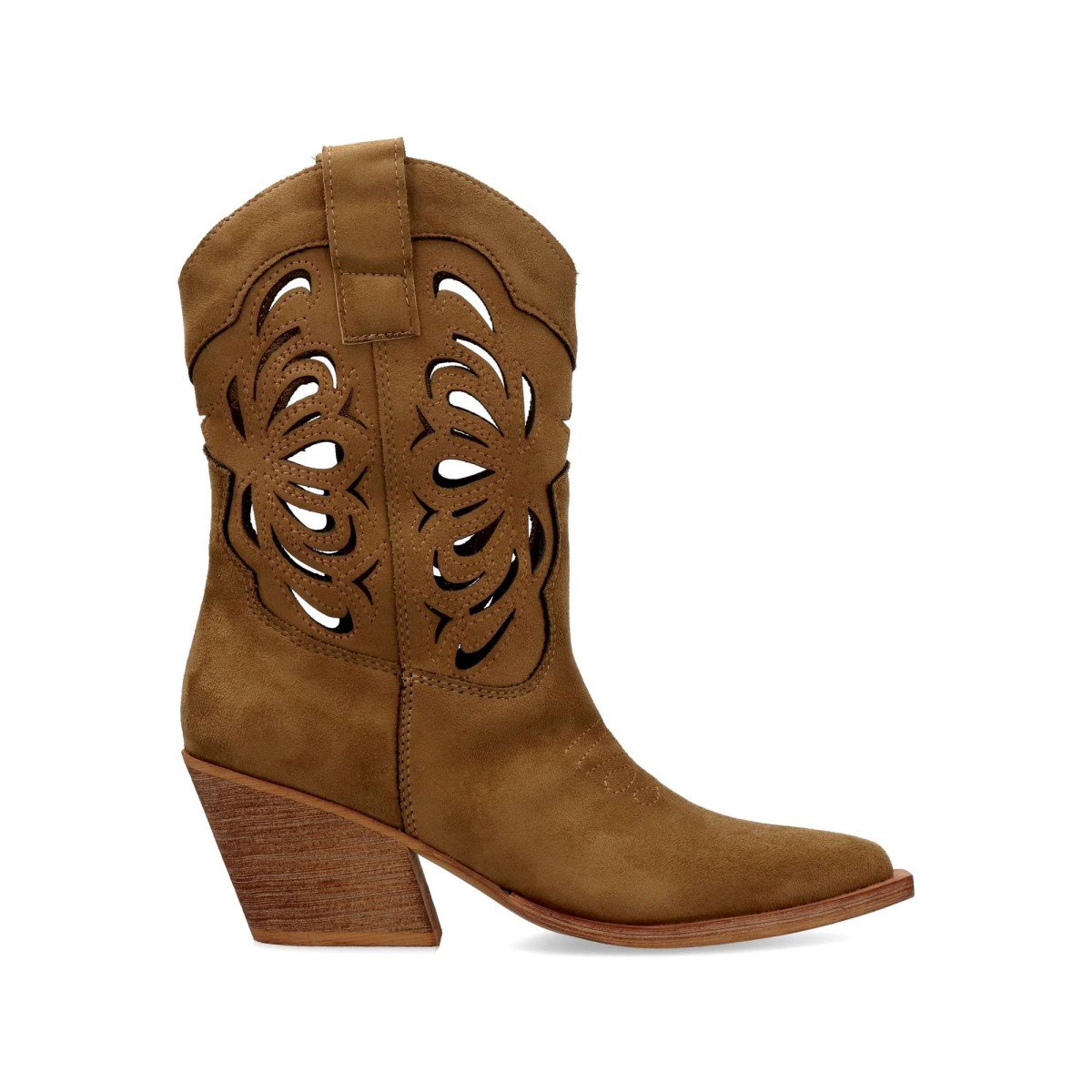 CORINA - Bota baja cowboy CORINA con caña troquelada para mujer, fabricada en antelina aterciopelada y suela de goma, tacón ancho de 6 cm