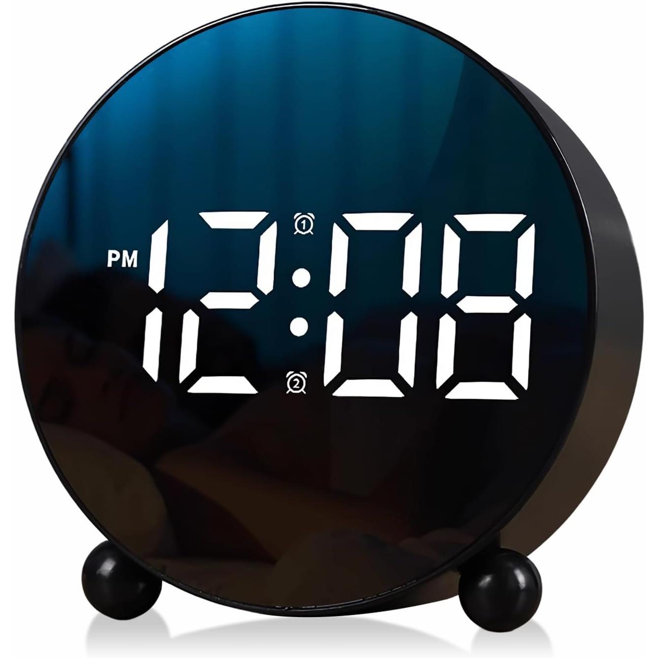 Reloj despertador digital, reloj despertador con pantalla LED redonda, reloj digital pequeño con doble campana, 3 niveles de brillo ajustables, reloj de escritorio silencioso, reloj despertador de