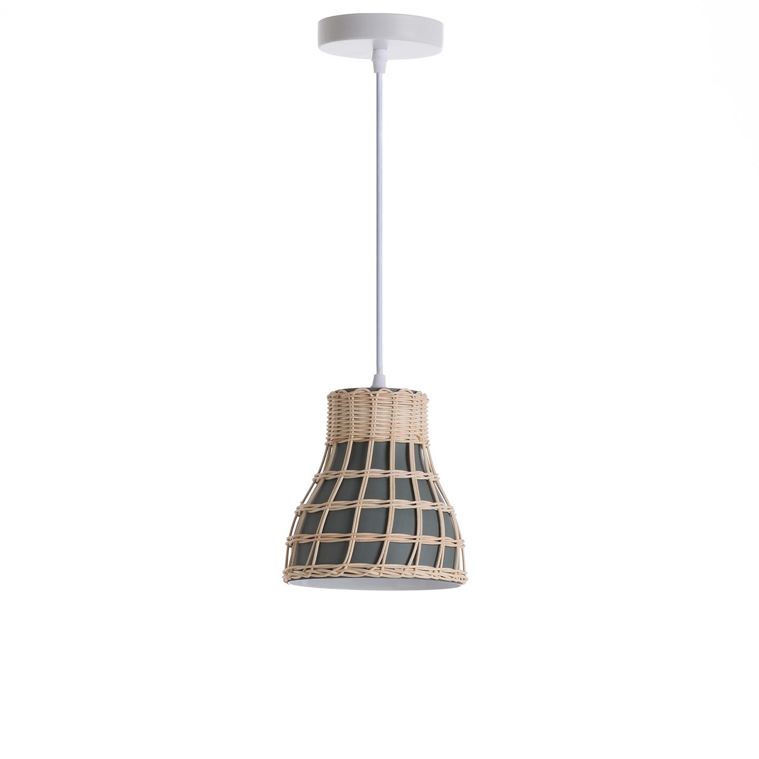 Lámpara de Techo Colgante Blanca Estilo Oriental con Tulipa Cónica | Modelo Kumiko 7hSevenOn Deco | Lámpara de Techo Salón y Dormitorio | Lámpara de Ratán y Aluminio 18x18x18,5cm