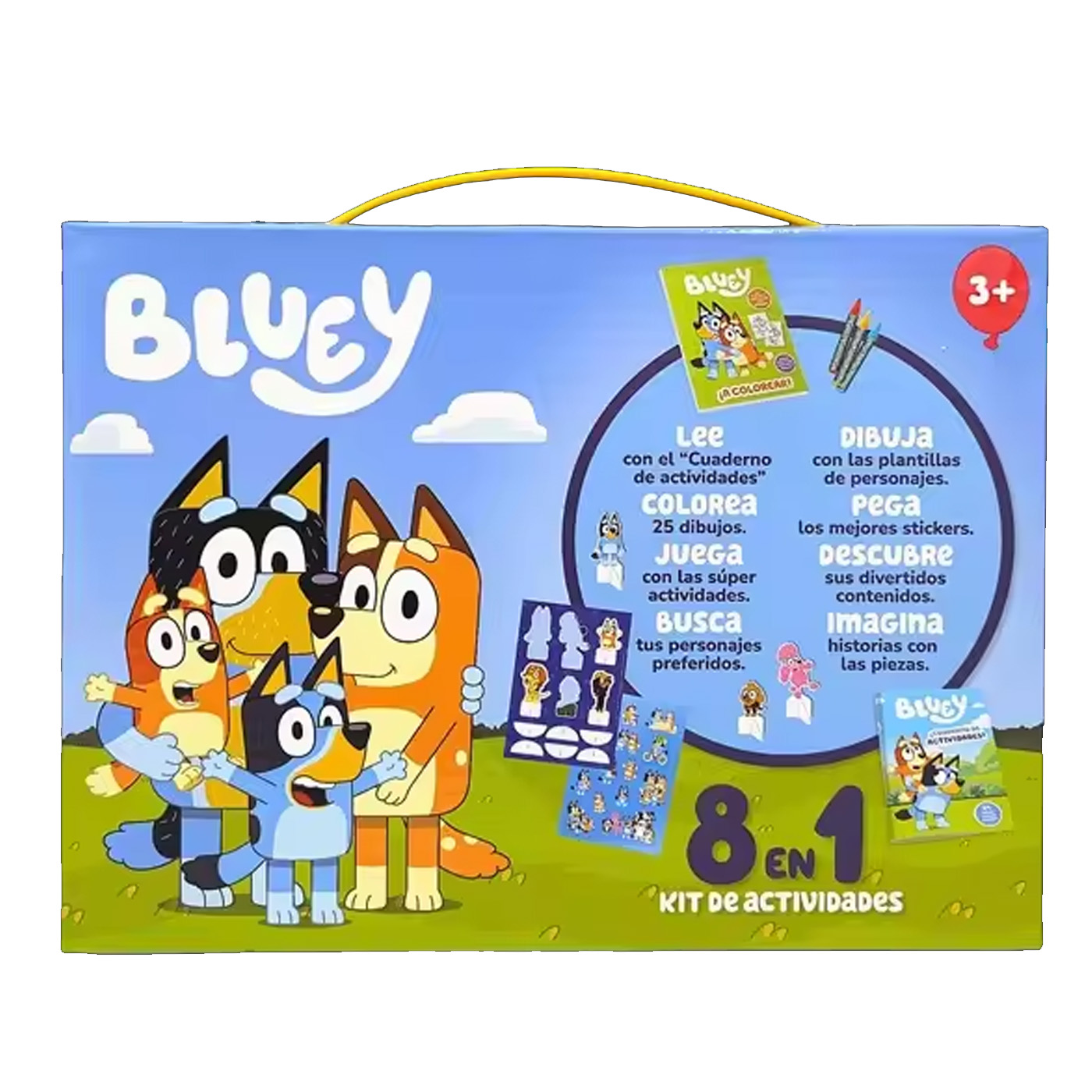 Bluey Maletín Actividades 8 en 1 Bluey y Bingo 23x17x5cm, Incluye Actividades, Pegatinas, Cuento, Cuaderno para Colorear, Papelería Infantil para Niños y Niñas, +3 Años, Regalo Cumpleaños, Navidad, Reyes