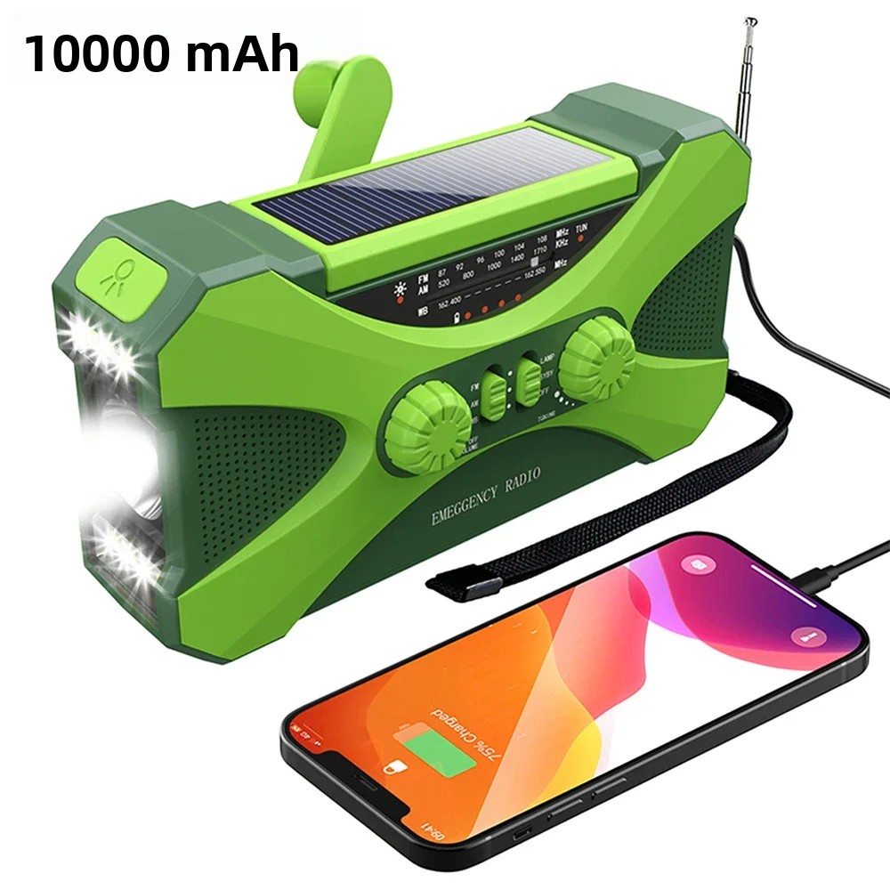 TK Radio De Emergencia Portátil 10000mAh Con Solar Y Manivela LED Linterna Banco DE LA Energía Recargable AM FM NOAA Weather Radio Cargador USB