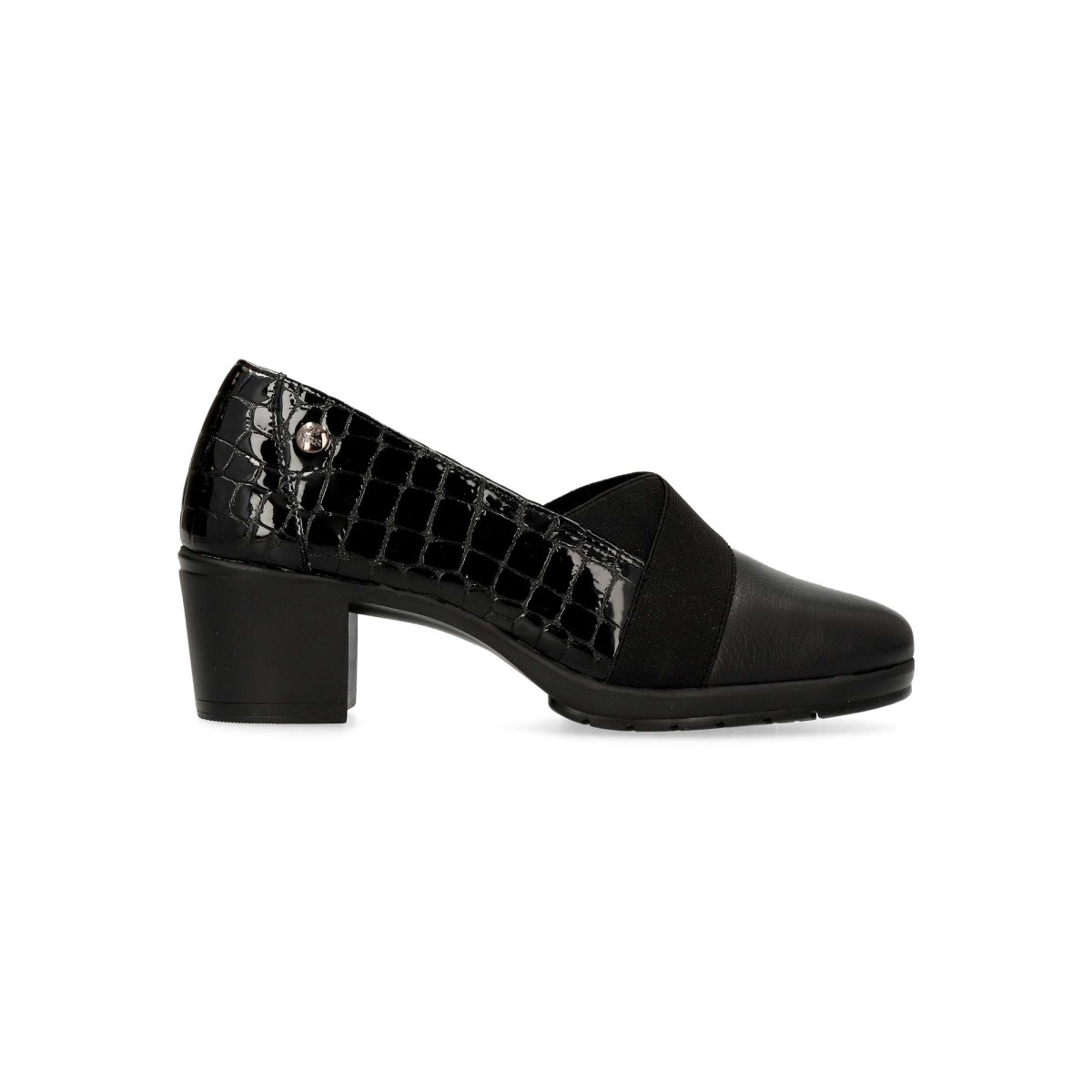 24 Hrs - Zapato salón de piel charol negro con elástico cruzado y suela de goma, tacón medio de 5 cm para mujer