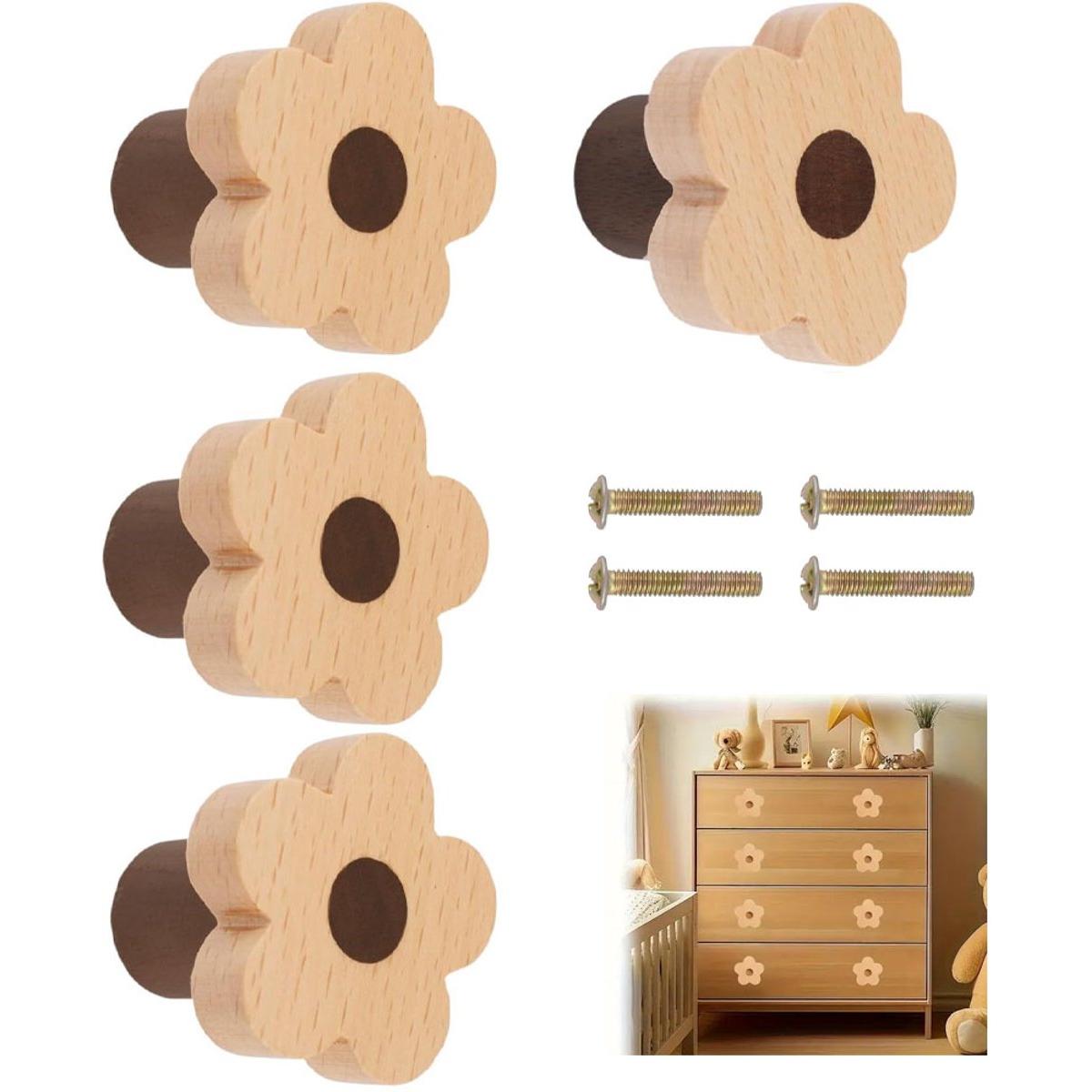 Tiradores de madera para armarios con rosca M4*22 - 4 unidades - Forma de flor - Tirador para muebles - Herrajes para muebles - Pomos para puertas de armarios - Tirador de madera para muebles - Tirador para cajones y puertas - Tirador de 53*32 mm - Herraj
