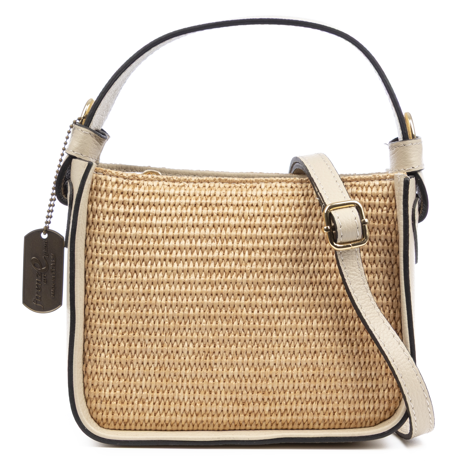 FIRENZE ARTEGIANI Bolso de mano Mujer. Fabricado en piel Dollaro, con parte anterior y posterior en paja. 20x10x16cm.