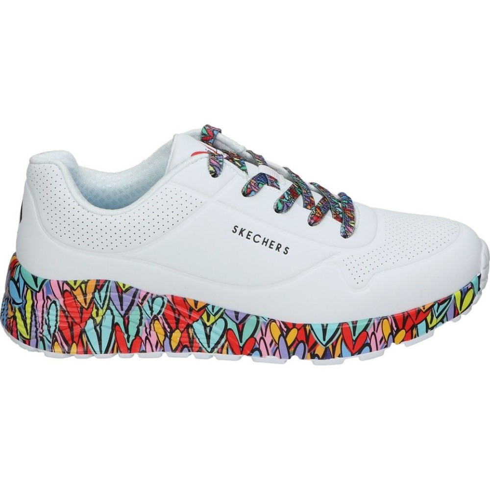SKECHERS | Zapatillas Skechers JGoldcrown UNO Lite Subtle Love para Mujer – Deportiva Blanca con Dibujos de Corazones – Sneakers con Cordones – Air Cooled Memory Foam – Apto para Lavadora – Modelo 314088L-WMLT