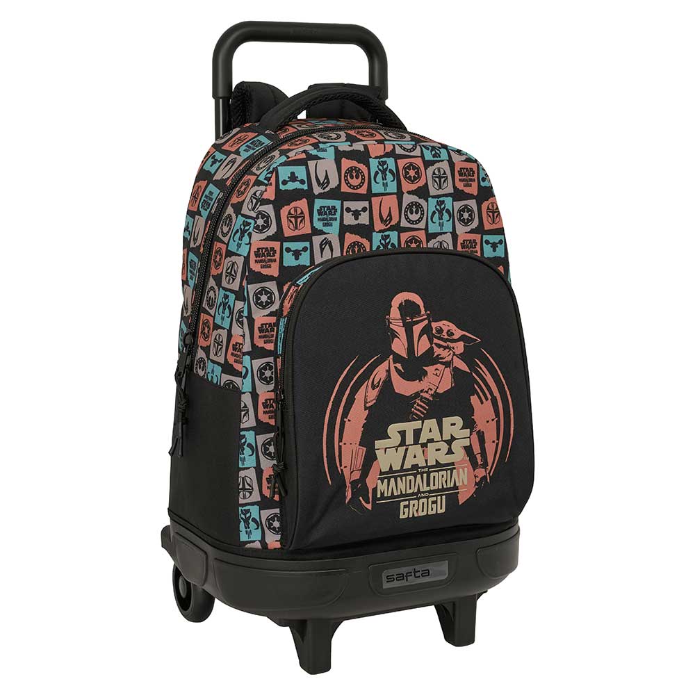 SAFTA | Mochila Escolar Doble Compartimento The Mandalorian & Grogu Niño y Niña, Trolley Compacto Extraíble y Lavable, Gran Capacidad con Bolsillo Portabotella, Espalda Acolchada, Talla Única