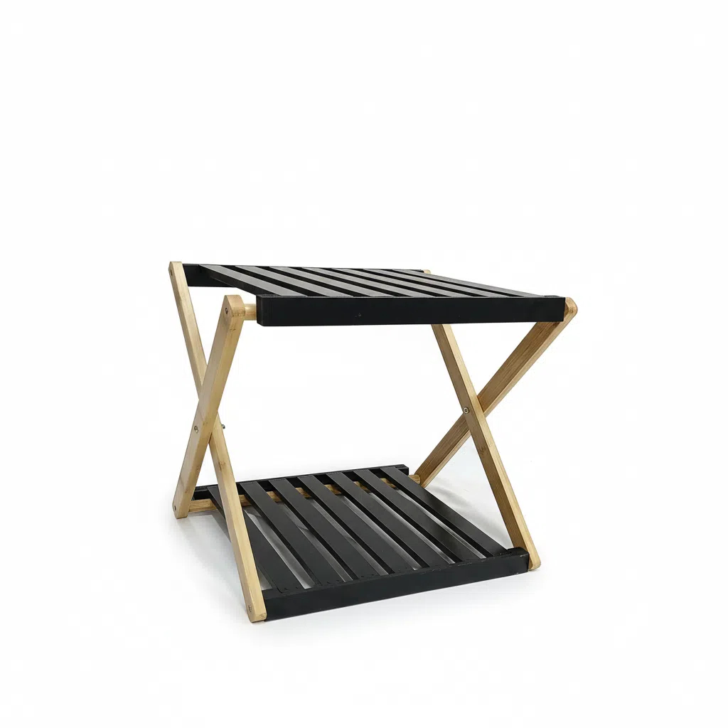 LIN HOME XZ-24506 Estante Zapatero de 2 Niveles Plegable de Bambú 28x37.5x33cm Negro - Organizador Portátil para Calzados Sin Instalación, Zapatero para Pasillos