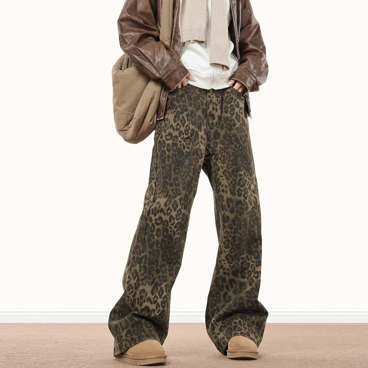 TK Pantalones Mujer Lavado de Leopard Pierna Recta