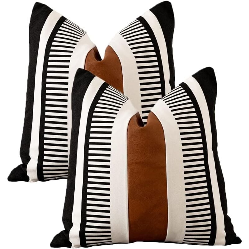 CA Sollbry - Juego de 2 fundas de almohada bohemias blancas y negras con funda de almohada de cuero moderno de 45 x 45 cm con rayas rústicas para sofá cama