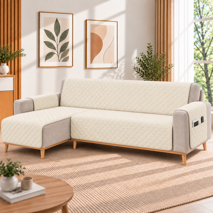 Kynley Protector de Sofá Chaise Longue Acolchado, Funda Cubre Sofá Antideslizante Lavable con Bolsillo, Protector para Mascotas, Chaise Izquierda/Derecha, 2M/2,4M/2,8M