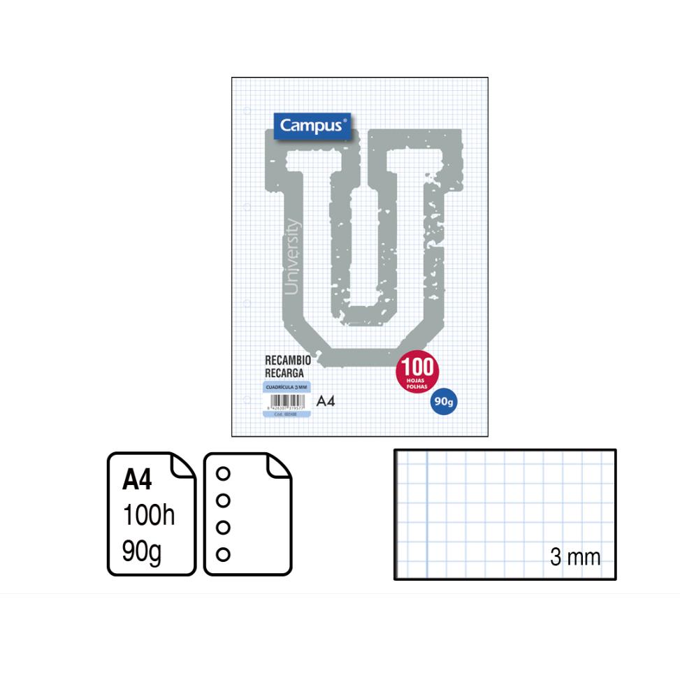 RECAMBIO DE HOJAS PERFORADAS PARA ARCHIVADOR CAMPUS A4 CUADRÍCULA 3 MM/4MM,HORIZONTAL,DOBLE RAYA 2.5MM,LISO PARA ELEGIR PACK 100 HOJAS . 90 G. HOJAS DE PRIMERA CALIDAD. 5PACKS DE 100H TOTAL 500HOJAS