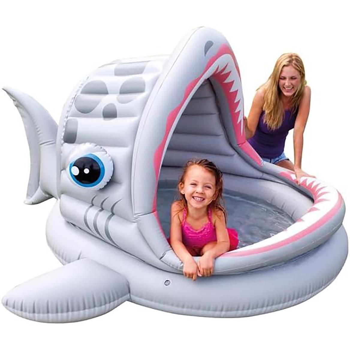Piscina Hinchable Infantil con Forma de Tiburón 201 x 198 x 109 cm – Piscina para Niños con Toldillo Solar, Suelo Acolchado y Tapón de Drenaje – Piscina de Verano de Vinilo Resistente 119 L – Zona de Juego de Agua para Jardín y Exterior