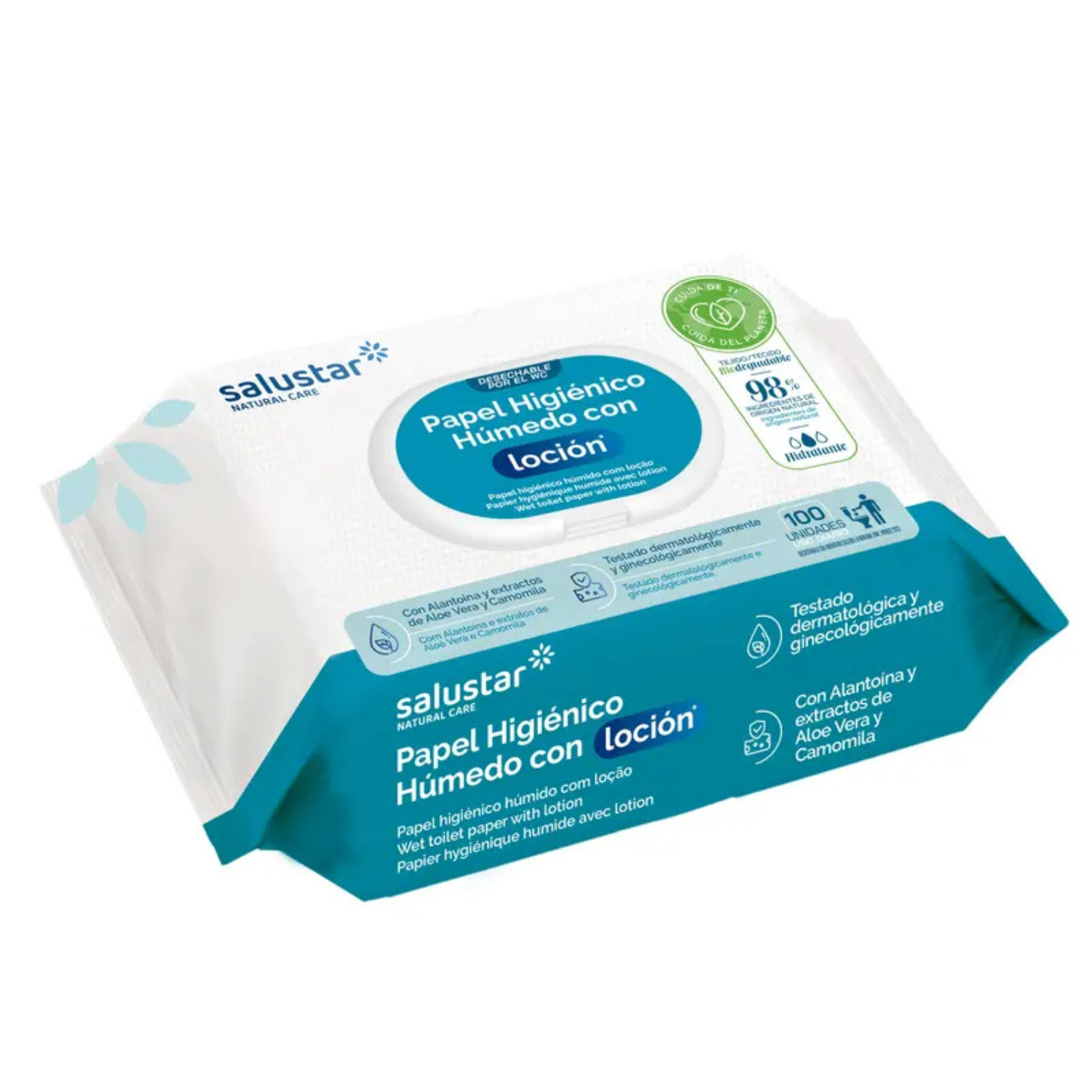 10 Packs Papel Higiénico Húmedo Salustar con Loción Hidratante 100 Unidades, 98% Ingredientes Naturales, Biodegradable y Desechable por WC - Limpieza Profunda, Suave y Fresca para Todo Tipo de Pieles