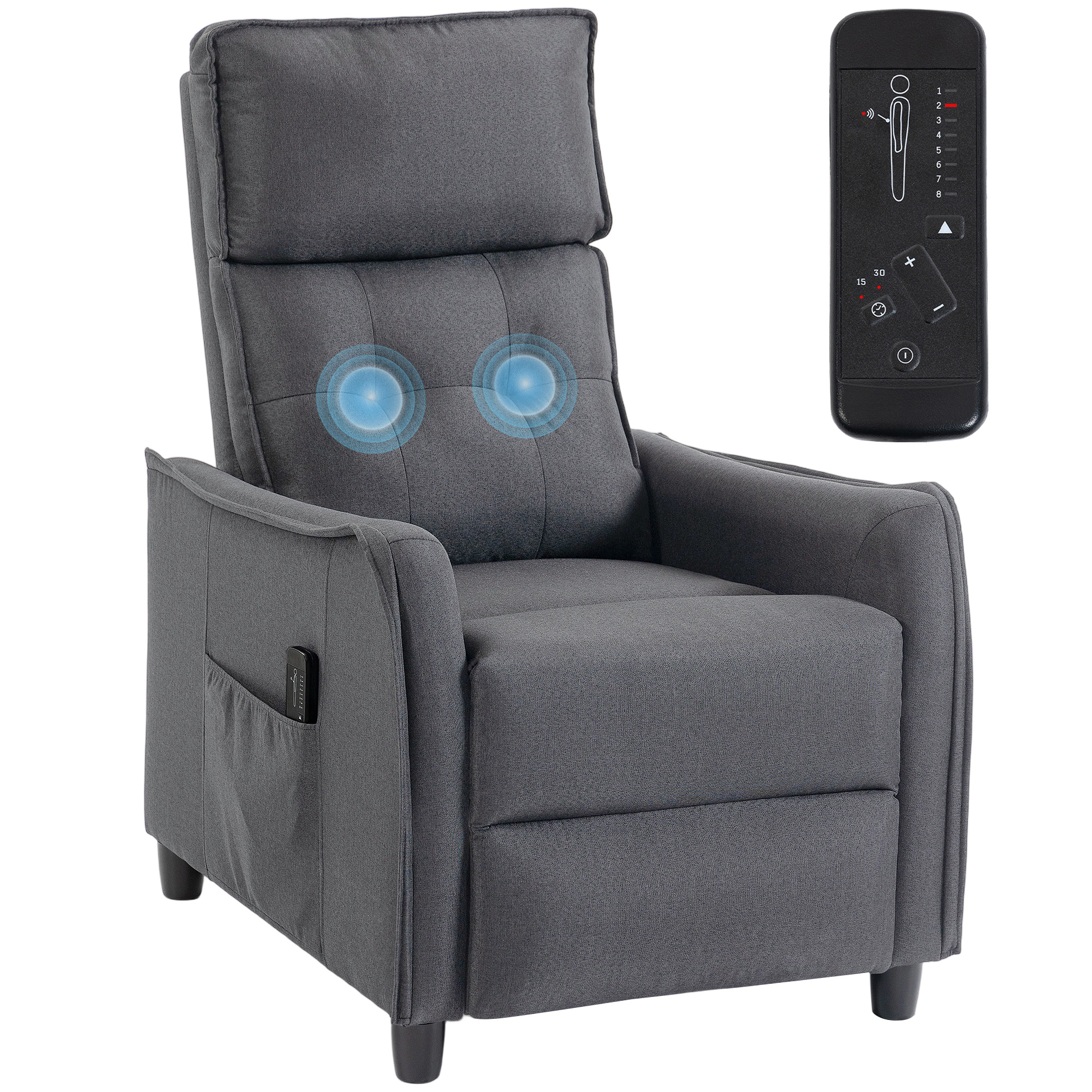 HOMCOM Sillón de Masaje, Sillón Relax Reclinable 160° con Mando a Distancia, Reposapiés, 2 Zonas de Masaje, Asiento de Muelles, Bolsillos, Tapizado en Lino Transpirable para Salón, 69x93x104 cm