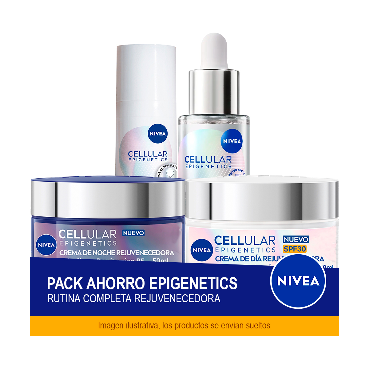 NIVEA CELLULAR EPIGENETICS Pack Ahorro Rutina completa rejuvenecedora - Contiene crema de día SPF30 50ml + crema de noche 50ml + sérum facial 15ml + contorno de ojos 15ml
