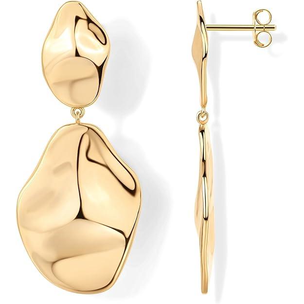 Pendientes en forma de lágrima, chapados en oro de 14k, pendientes ligeros martillados, estilo femenino