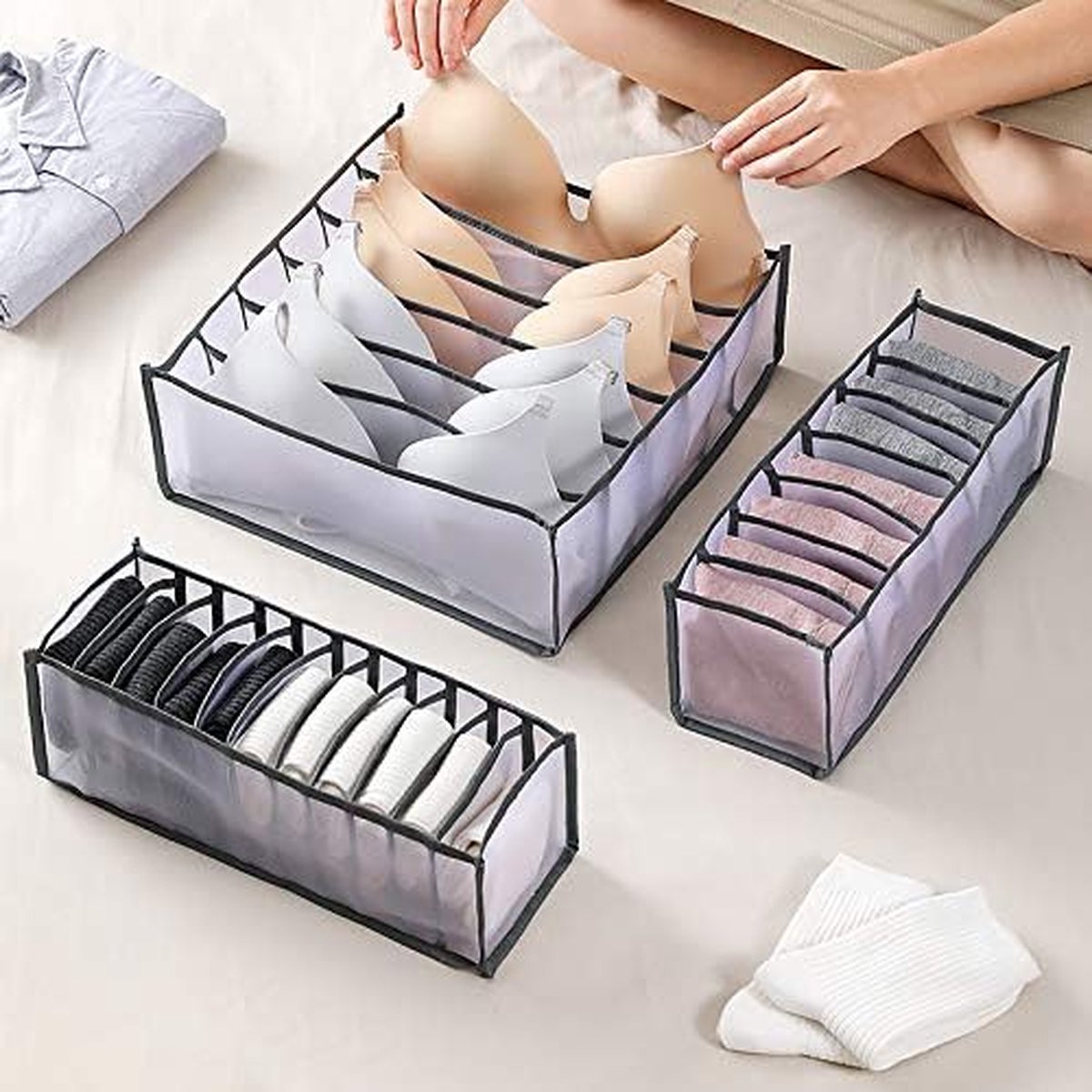 piezas - Organizador de cajones para lencería - Organizador de armario plegable - Para sujetadores, calcetines, corbatas - Cajas de almacenamiento - Gris