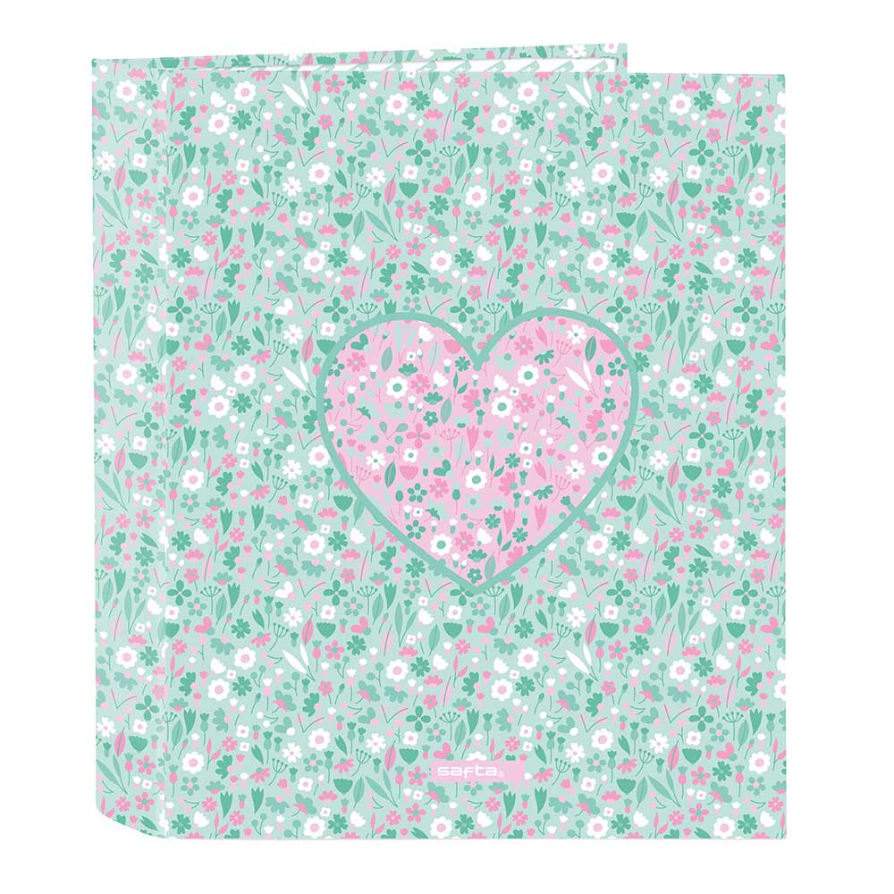 SAFTA | Carpeta Folio Cuore, 4 Anillas Redondas 40 mm, Lomo Ancho 60 mm, Tapas Duras Forradas, Archivador Escolar Resistente, Vuelta al Cole, Diseño Floral con Corazón Rosa