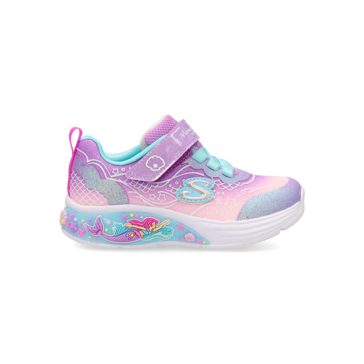 Skechers - Zapatillas deportivas My Dreamers - Lil Mermaid para niña con parte superior de malla y piel sintética brillante, cordones elásticos y suela luminosa con amortiguación