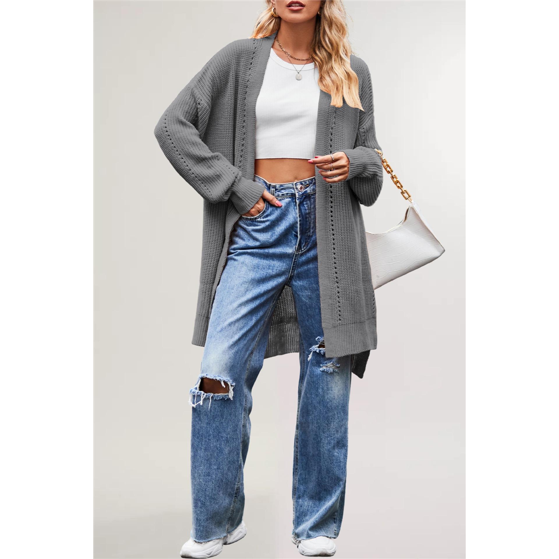 TK Suéter de invierno y otoño para mujer, cárdigan de punto holgado de color liso con bolsillos