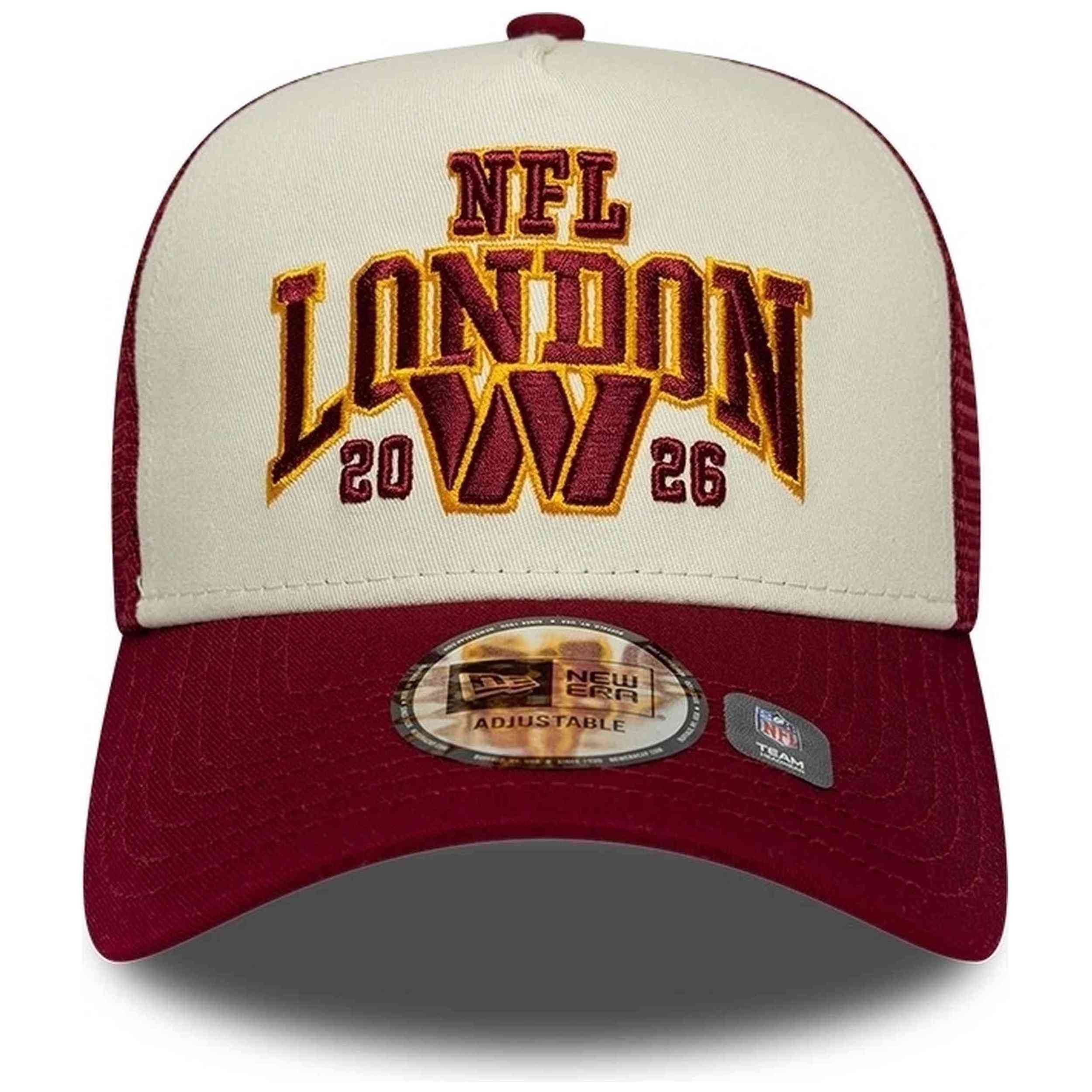 Gorra New Era modelo Washington Commanders NFL ISG 2026 London 9FORTY A-Frame Trucker "Beige y Granate" para hombre y mujer en color Morado