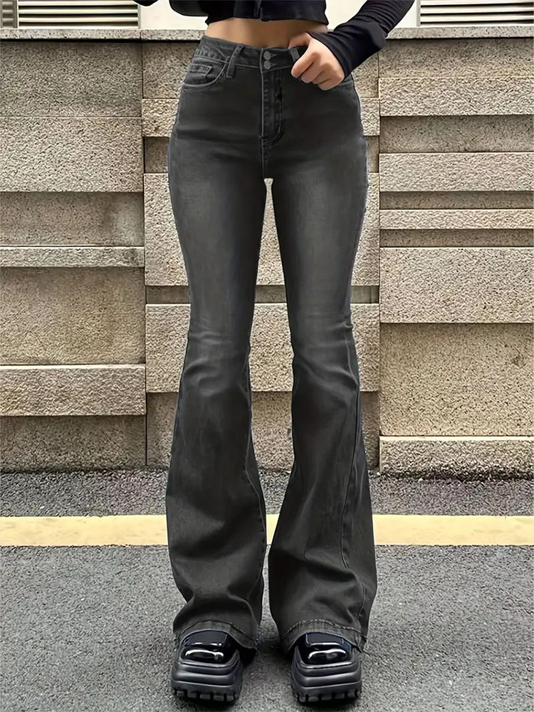 TK Jeans Flared Estirados Para Mujer Moda Skinny Bell Bottom Cintura Alta Pantalones Gris Denim Clásicos Y2K Punk Longos