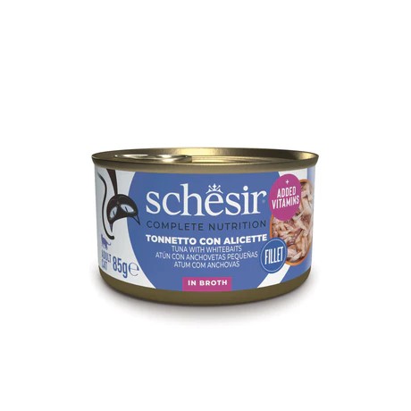 Schesir Atun ccon Anchovetas al Natural - Comida Humeda Completa para Gatos - 85 g