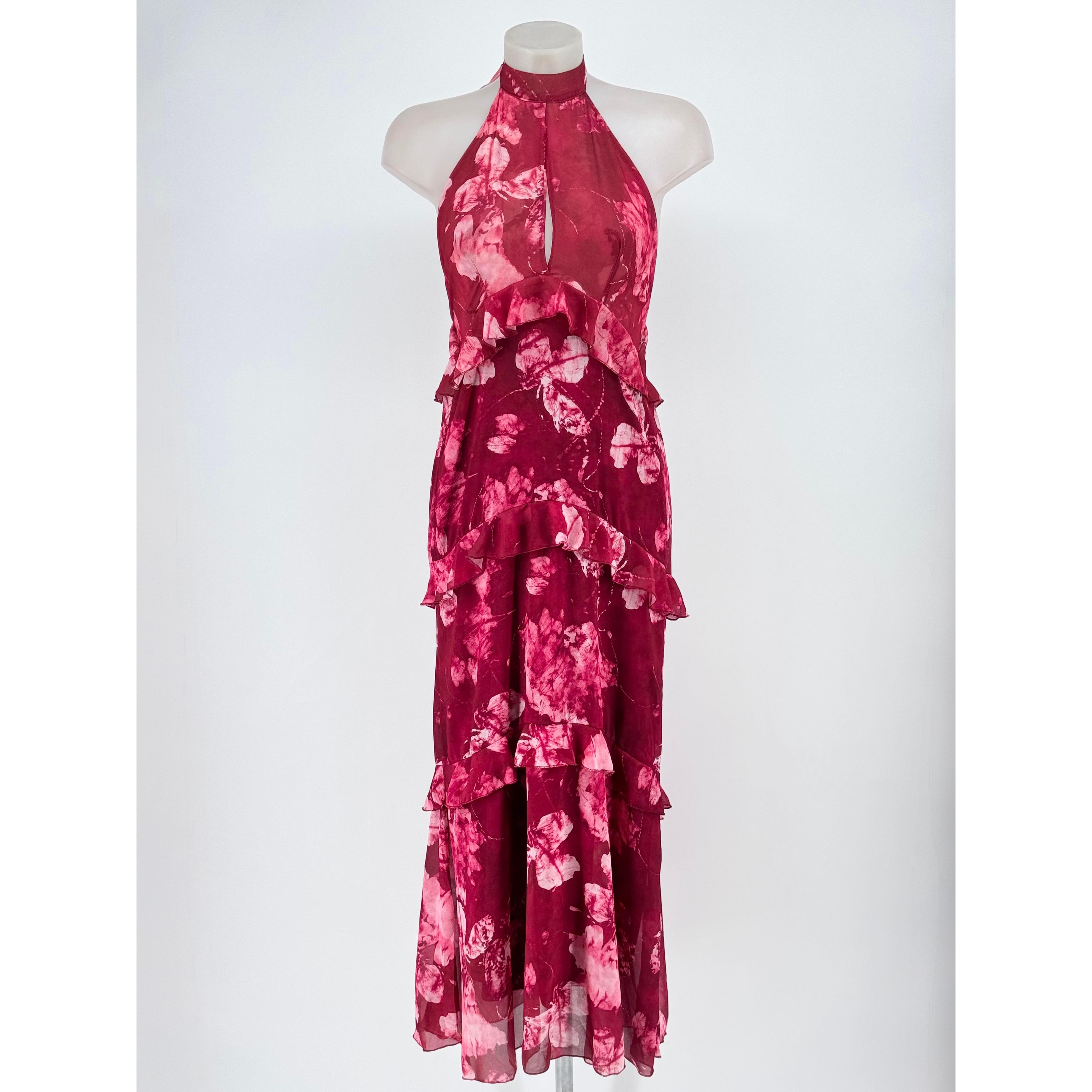 Vestido Midi Mujer Chiffon Estampado Floral con Volantes, Escote Halter y Espalda Descubierta, Vestido Elegante para Invitada de Boda, Fiesta y Eventos, Disponible en Amplia Gama de Colores
