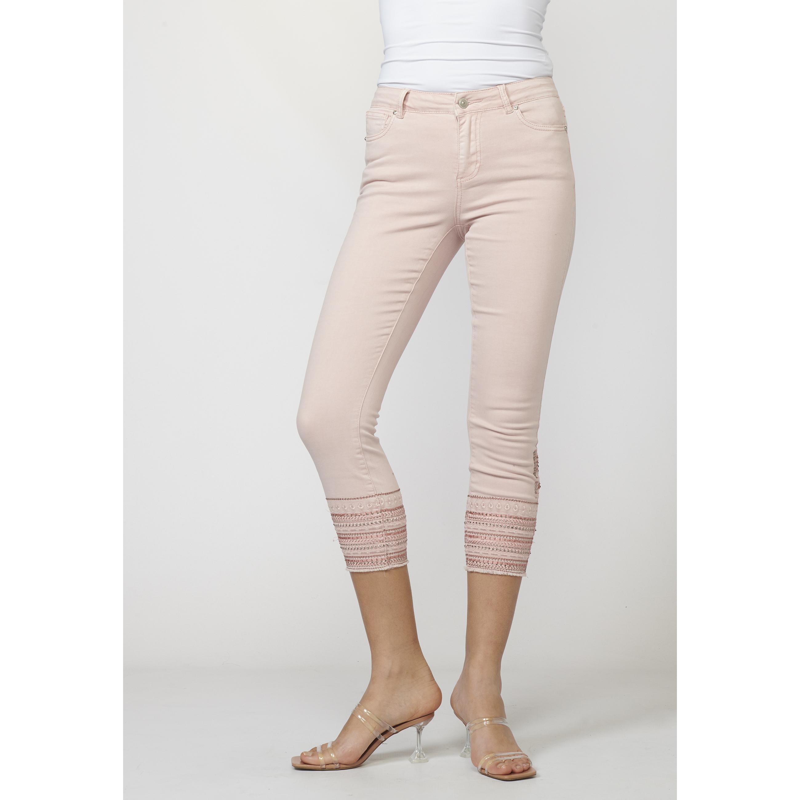 Koroshi - Pantalón slim mujer con bordados étnicos en los bajos, 97% algodón y 3% elastano, beige y rosa, modelo 2212PT05
