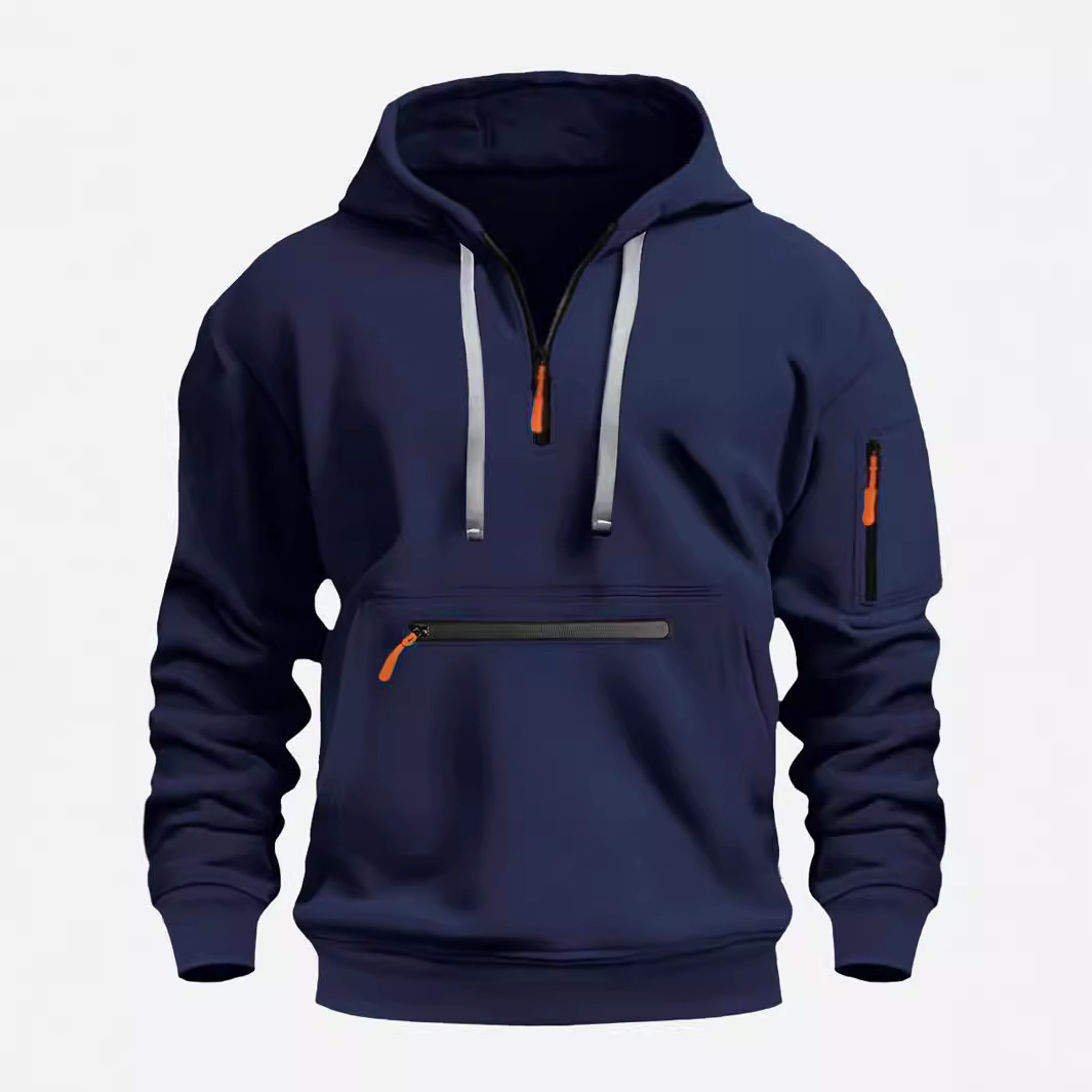 TK Sudadera con capucha cálida de terciopelo y cremallera multibolsillos de moda deportiva informal de otoño e invierno para hombre