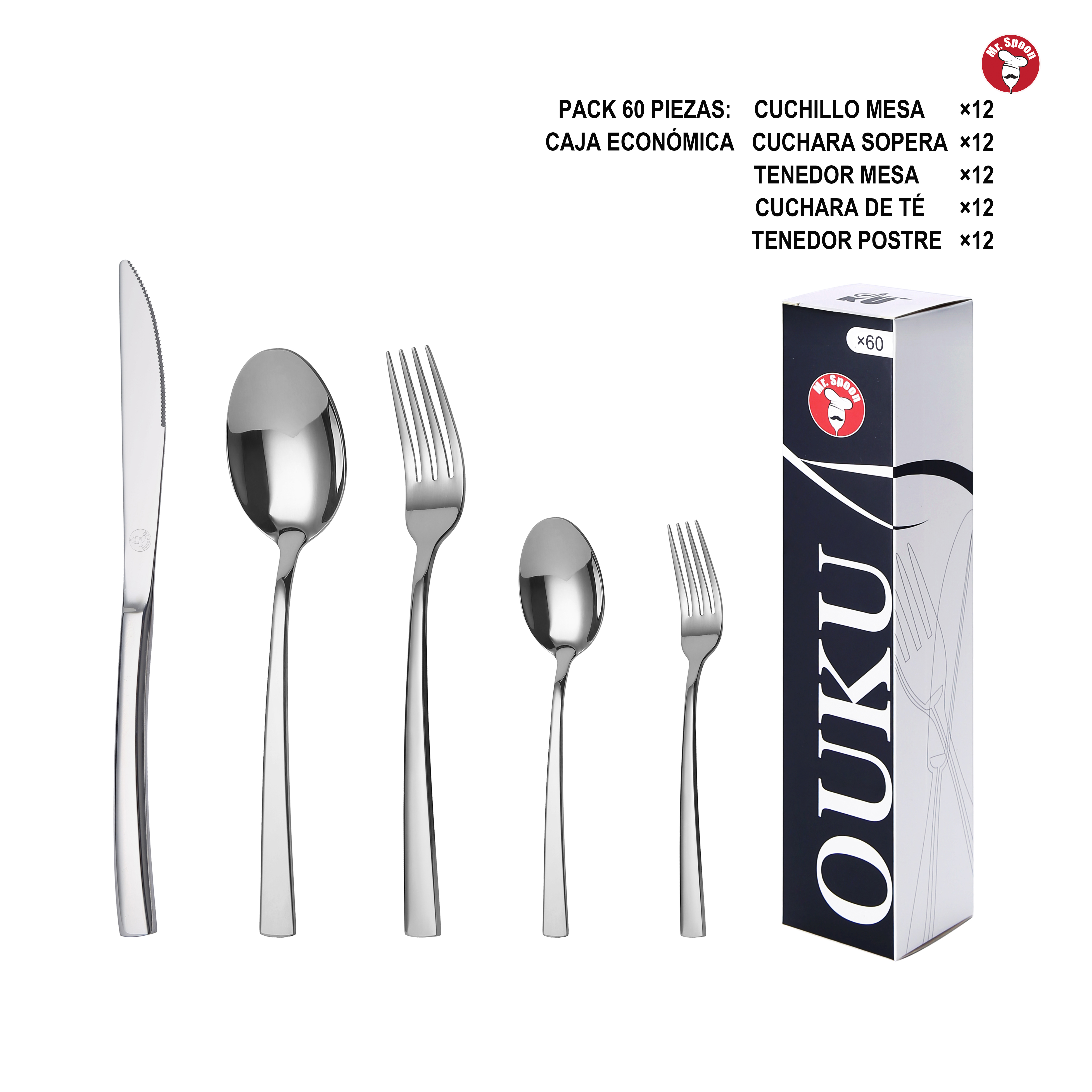 Mr.Spoon Serie Montaña Juego de 60 o 72 piezas cubiertos,Acero Inox 18/0, Plateado,Económico y funcional,Incluye cuchillo de carne o mesa,tenedor,cuchara,cucharilla,etc. Mango monobloque,Apto para lavavajillas,Empaque ecológico,Para casa,hotel,restaurante