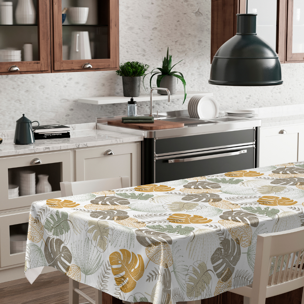 Mantel HuleHule Tex Estampado Impermeable Innovador Resistente a Manchas PVC - Palma Colores Ochre y Marsala