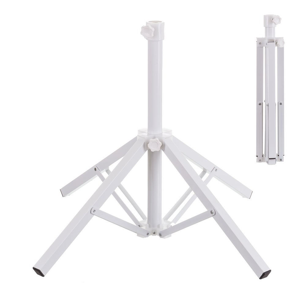 Pie de Parasol tipo Trípode con 4 patas de Metal Blanco Para mástiles de 25 a 32 mm de diámetro. Regulable en altura hasta 55 cm. Longitud de cada pata de 44 cm. MONTY