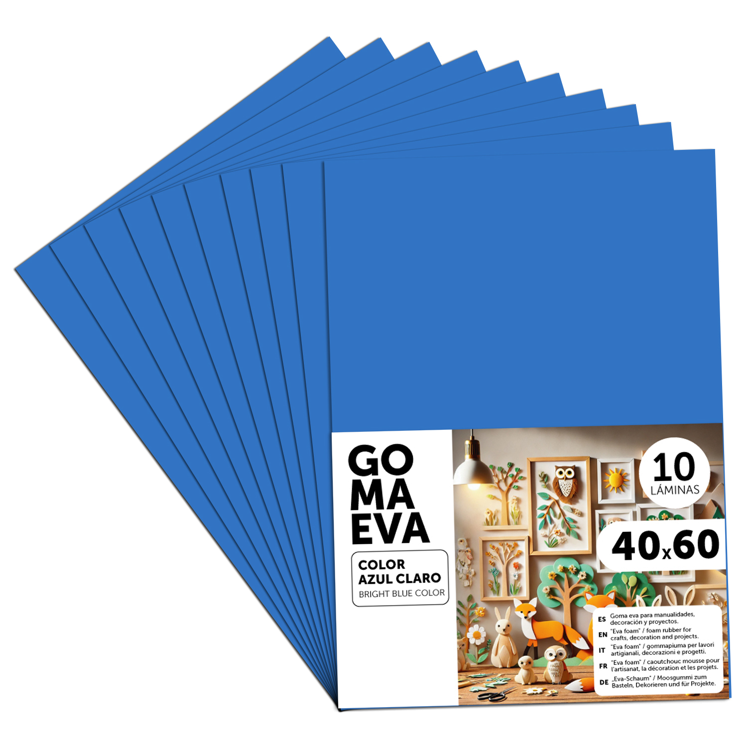 Goma Eva para Manualidades, Goma Espuma de Colores para Proyectos Creativos, Ideales para Artes y Manualidades, uso Escolar, Profesional o Artístico 40x60cm - m-office (Azul Claro, 10 uds)