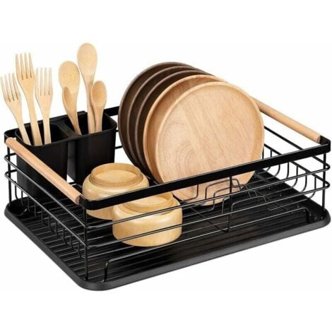 Escurreplatos de Acero Inoxidable - Con Cesta para Cubiertos, 43 x 31 x 14 cm (Negro)